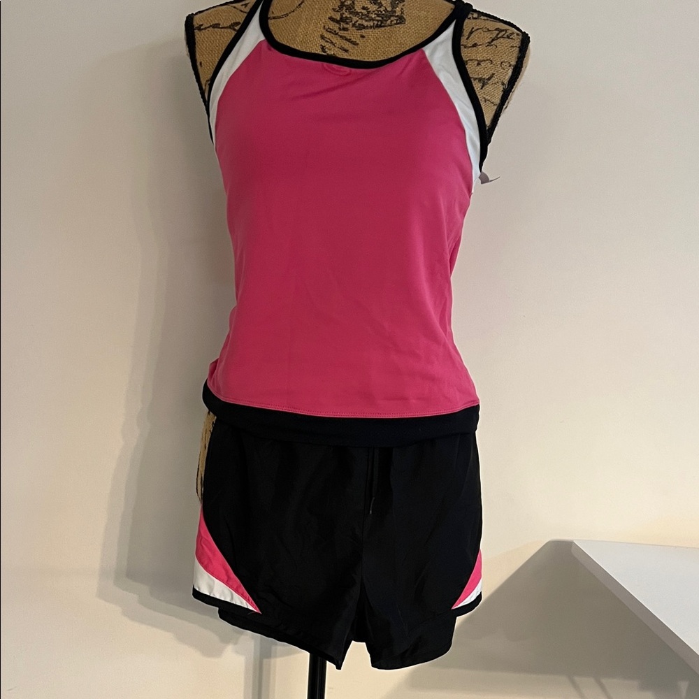 Pink and Black Athletic Tank and Shorts Set
